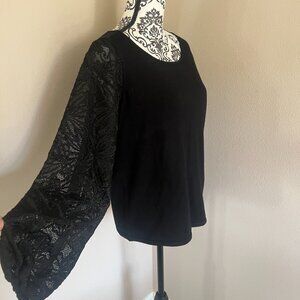 Adrianna Papell Floral Lace Sleeve Top Blouse - Size Large- Black